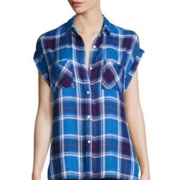 Rails Britt Santorini Royal Plaid Cap Sleeve Shirt XS - Picture 2 of 15